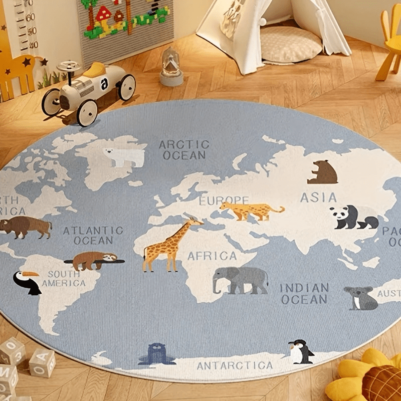 Kids Education Rug - Kinder-Weltkarten-Teppich, Plüsch-Spielmatte, Lehrreiche Geografie-Tiermotive, Lern-Bodenmatte für